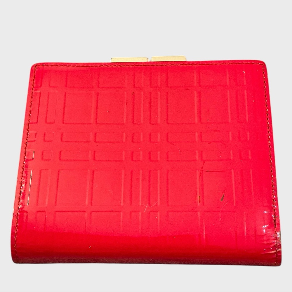 Authentic Burberry Shadow Check Patent Leather Kiss Lock Wallet Red
